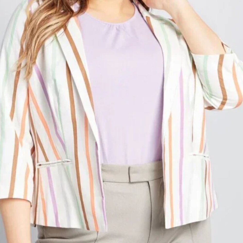 Modcloth Linen Cotton Blend Vertical Stripe Open Front Blazer Size M